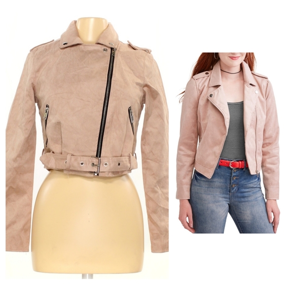 Urban Retro Juniors' Faux Suede Zip Moto Jacket Mauve Medium - Picture 1 of 10